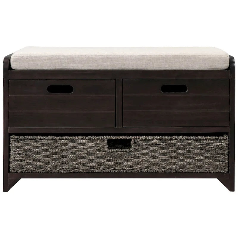 Banc de rangement avec 2 tiroirs, panier amovible et coussin en lin