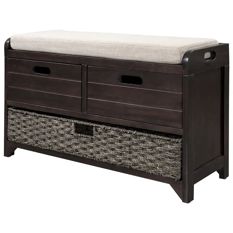 Banc de rangement avec 2 tiroirs, panier amovible et coussin en lin