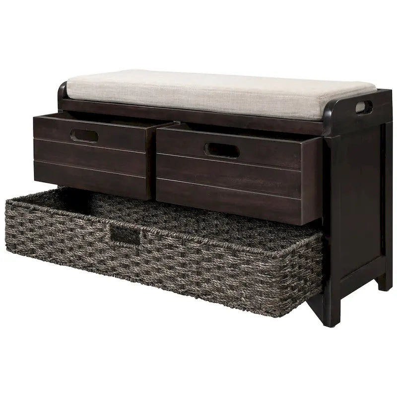 Banc de rangement avec 2 tiroirs, panier amovible et coussin en lin