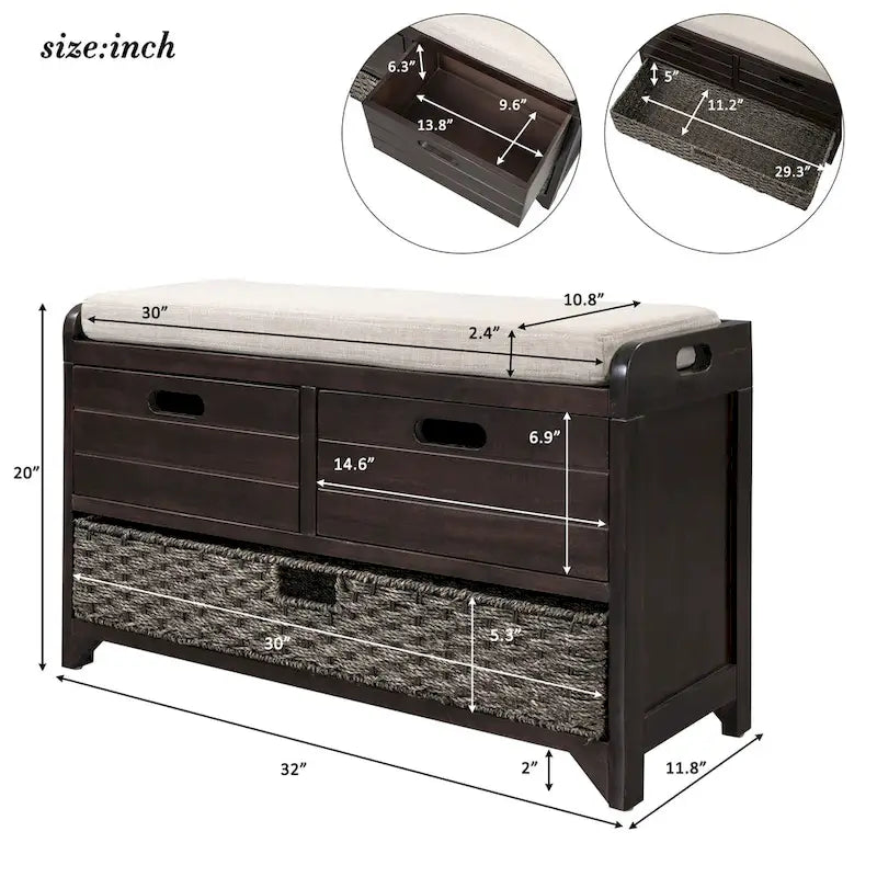 Banc de rangement avec 2 tiroirs, panier amovible et coussin en lin