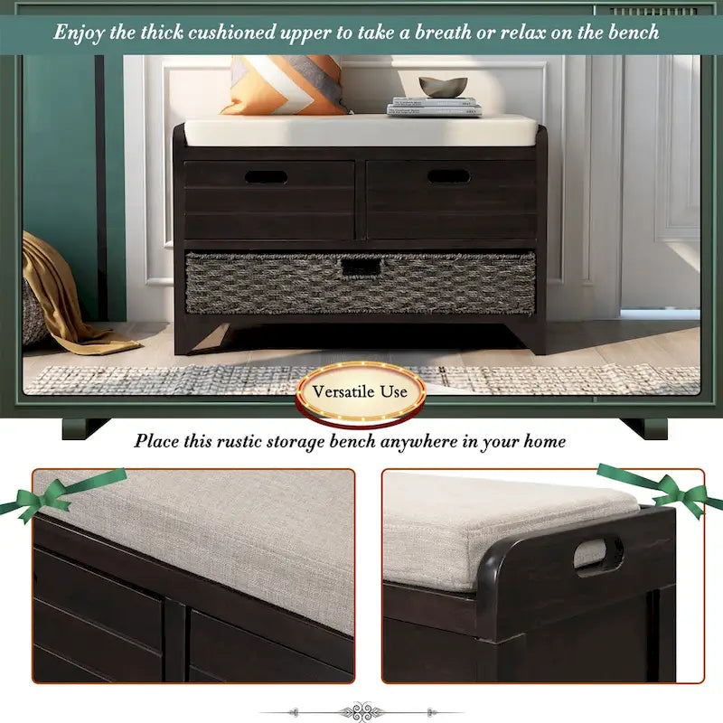 Banc de rangement avec 2 tiroirs, panier amovible et coussin en lin