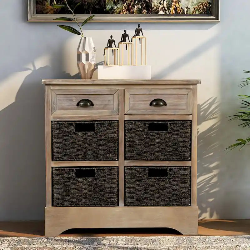 Meuble de rangement rustique en bois d'acacia vieilli avec 4 paniers flottants en rotin