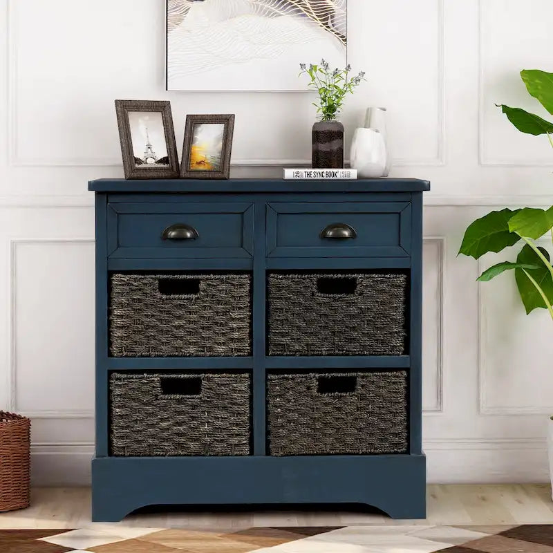Meuble de rangement rustique en bois d'acacia vieilli avec 4 paniers flottants en rotin