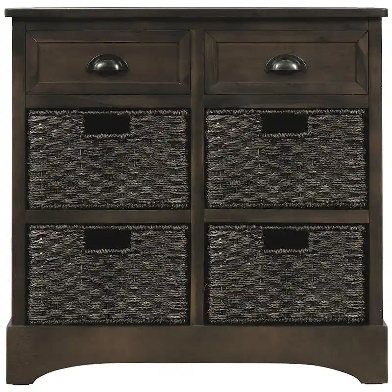 Meuble de rangement rustique en bois d'acacia vieilli avec 4 paniers flottants en rotin