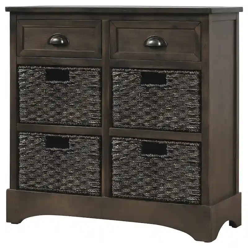 Meuble de rangement rustique en bois d'acacia vieilli avec 4 paniers flottants en rotin
