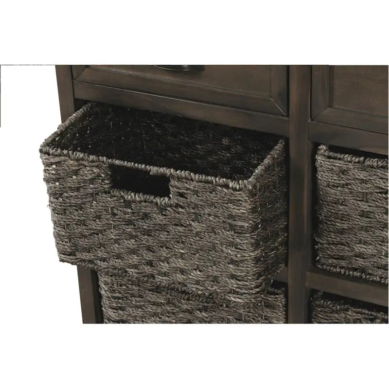 Meuble de rangement rustique en bois d'acacia vieilli avec 4 paniers flottants en rotin