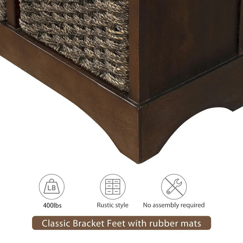 Meuble de rangement rustique en bois d'acacia vieilli avec 4 paniers flottants en rotin