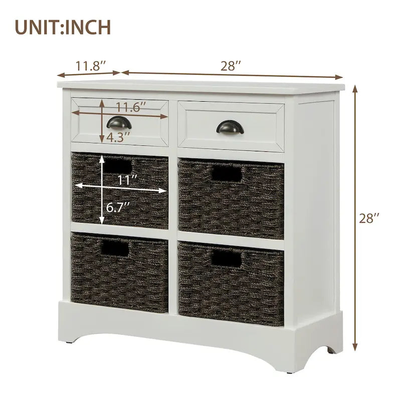 Meuble de rangement rustique en bois d'acacia vieilli avec 4 paniers flottants en rotin