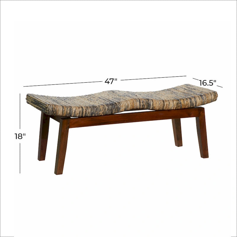 Banc tressé à la main en fibre de bananier avec coussin — Marron, 119 cm L