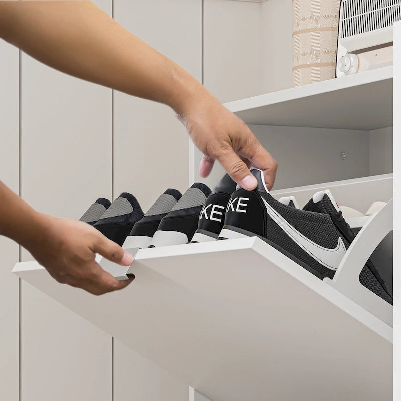 Meuble à chaussures blanc mince avec miroir pleine longueur et tiroirs abattants
