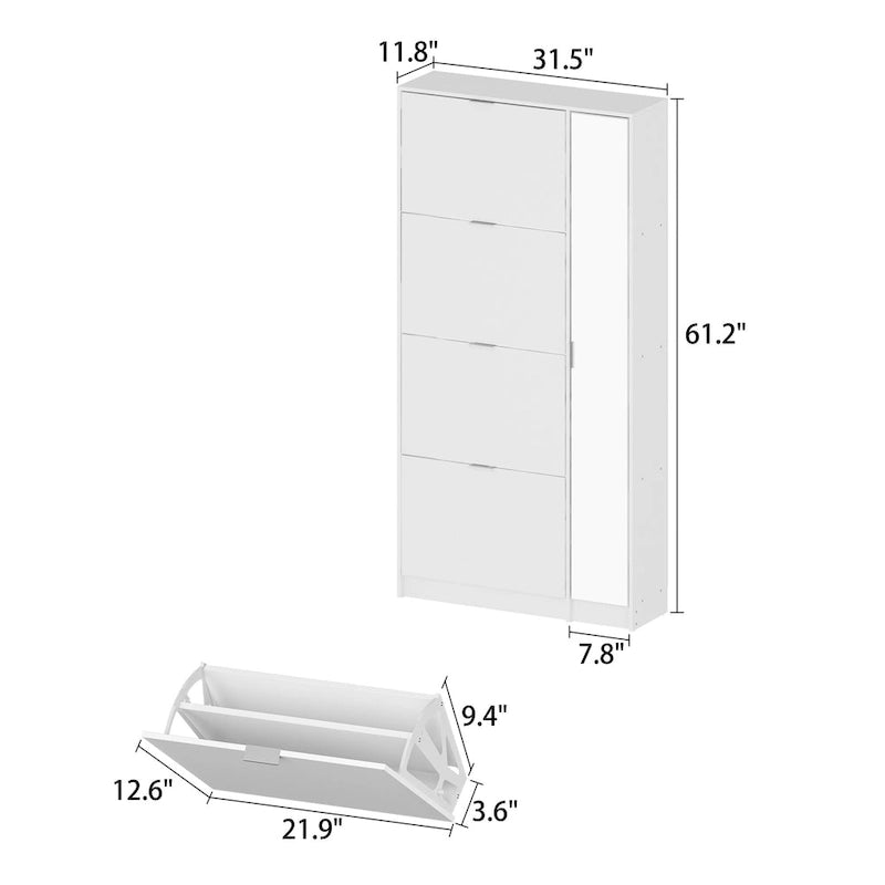 Meuble à chaussures blanc mince avec miroir pleine longueur et tiroirs abattants