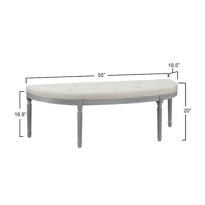 Banc rembourré en polyester beige touffeté de style côtier avec pieds en bois patiné