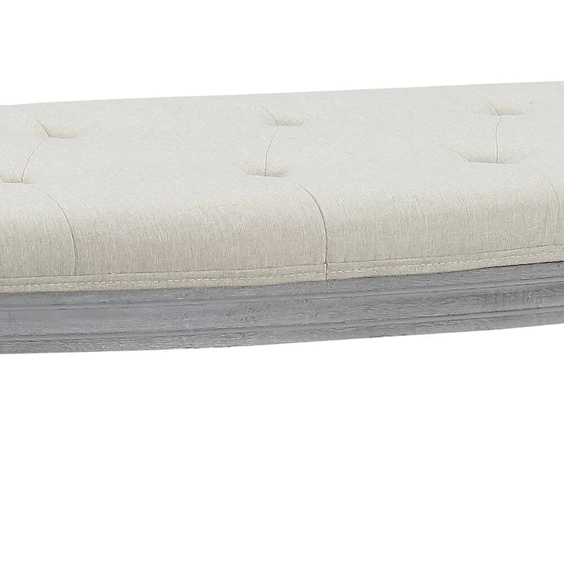 Banc rembourré en polyester beige touffeté de style côtier avec pieds en bois patiné