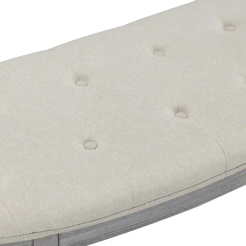 Banc rembourré en polyester beige touffeté de style côtier avec pieds en bois patiné