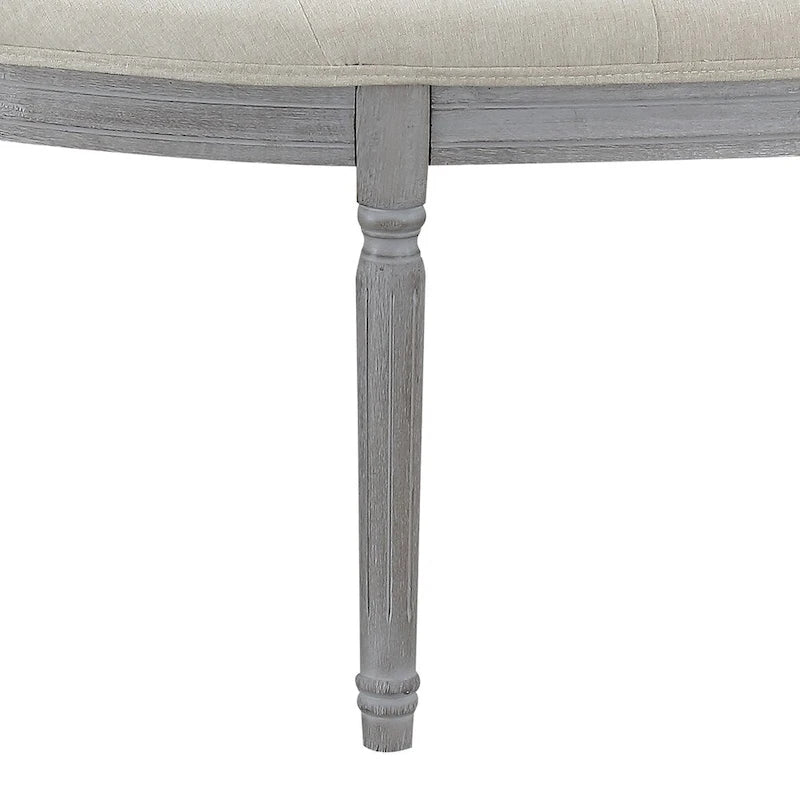 Banc rembourré en polyester beige touffeté de style côtier avec pieds en bois patiné
