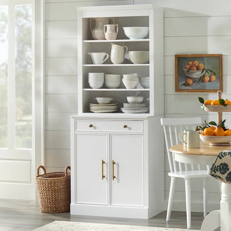 Buffet vaisselier 2 pièces style ferme moderne avec plateau en faux marbre et quincaillerie en laiton