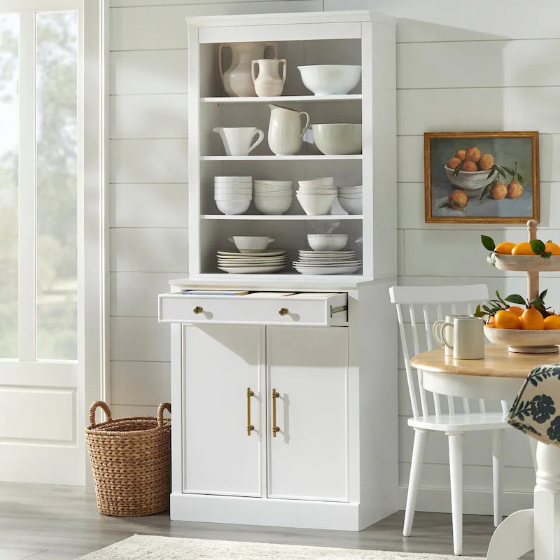 Buffet vaisselier 2 pièces style ferme moderne avec plateau en faux marbre et quincaillerie en laiton