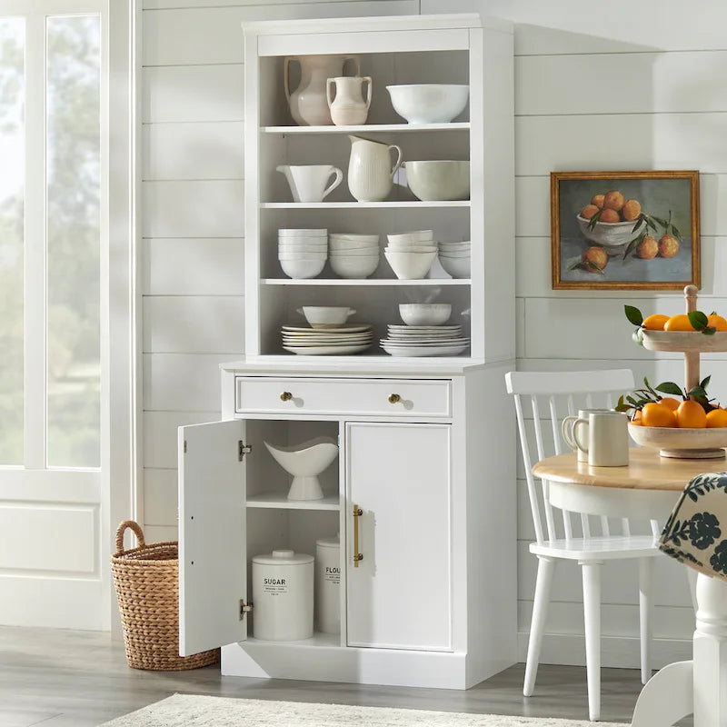 Buffet vaisselier 2 pièces style ferme moderne avec plateau en faux marbre et quincaillerie en laiton