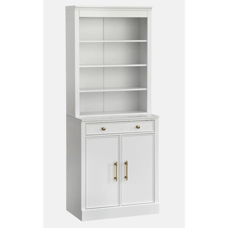 Buffet vaisselier 2 pièces style ferme moderne avec plateau en faux marbre et quincaillerie en laiton