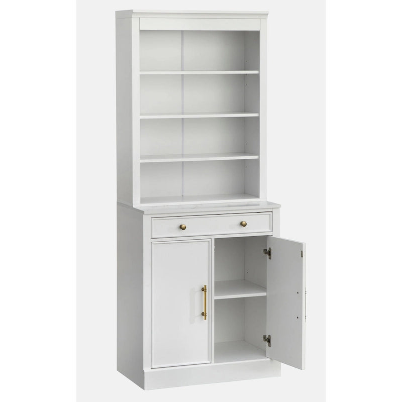 Buffet vaisselier 2 pièces style ferme moderne avec plateau en faux marbre et quincaillerie en laiton