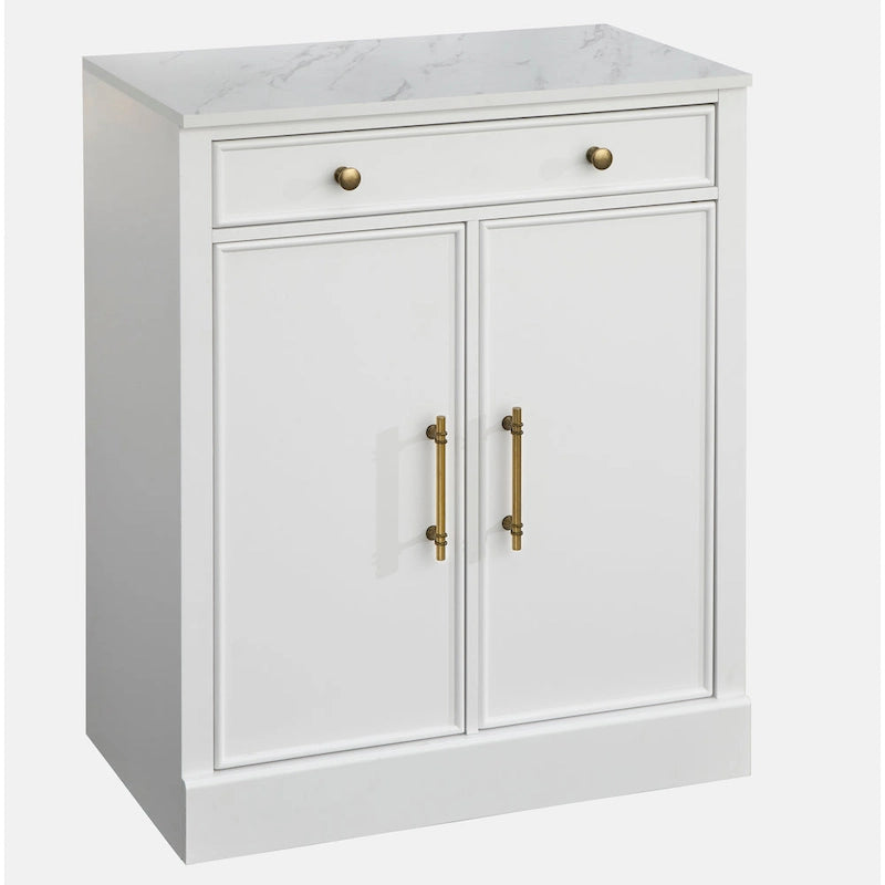 Buffet vaisselier 2 pièces style ferme moderne avec plateau en faux marbre et quincaillerie en laiton