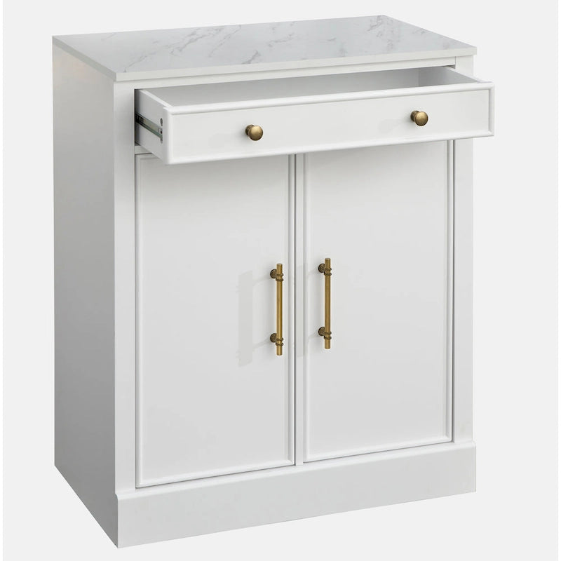 Buffet vaisselier 2 pièces style ferme moderne avec plateau en faux marbre et quincaillerie en laiton