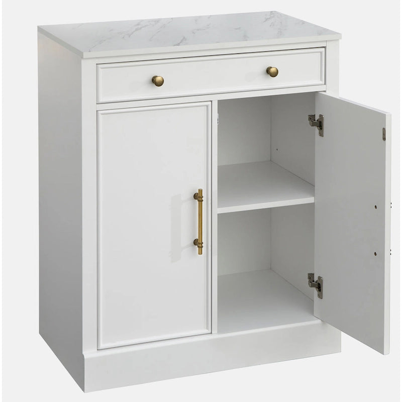 Buffet vaisselier 2 pièces style ferme moderne avec plateau en faux marbre et quincaillerie en laiton