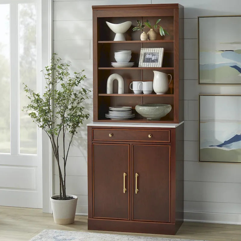 Buffet vaisselier 2 pièces style ferme moderne avec plateau en faux marbre et quincaillerie en laiton