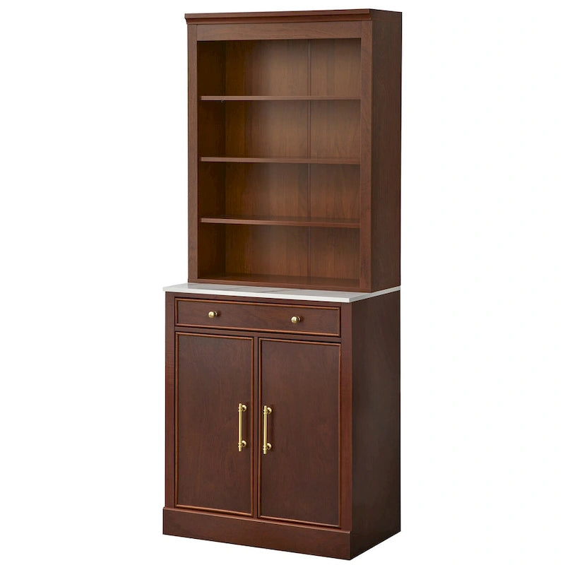 Buffet vaisselier 2 pièces style ferme moderne avec plateau en faux marbre et quincaillerie en laiton