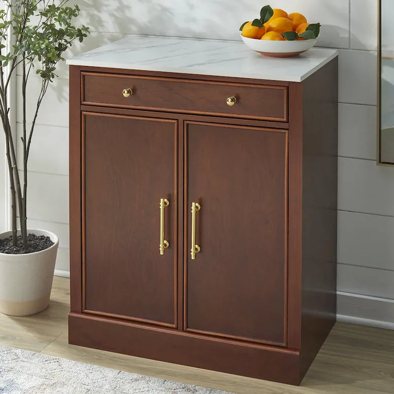 Buffet vaisselier 2 pièces style ferme moderne avec plateau en faux marbre et quincaillerie en laiton