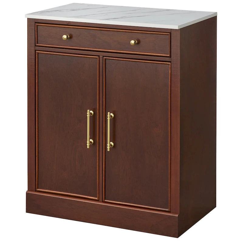 Buffet vaisselier 2 pièces style ferme moderne avec plateau en faux marbre et quincaillerie en laiton