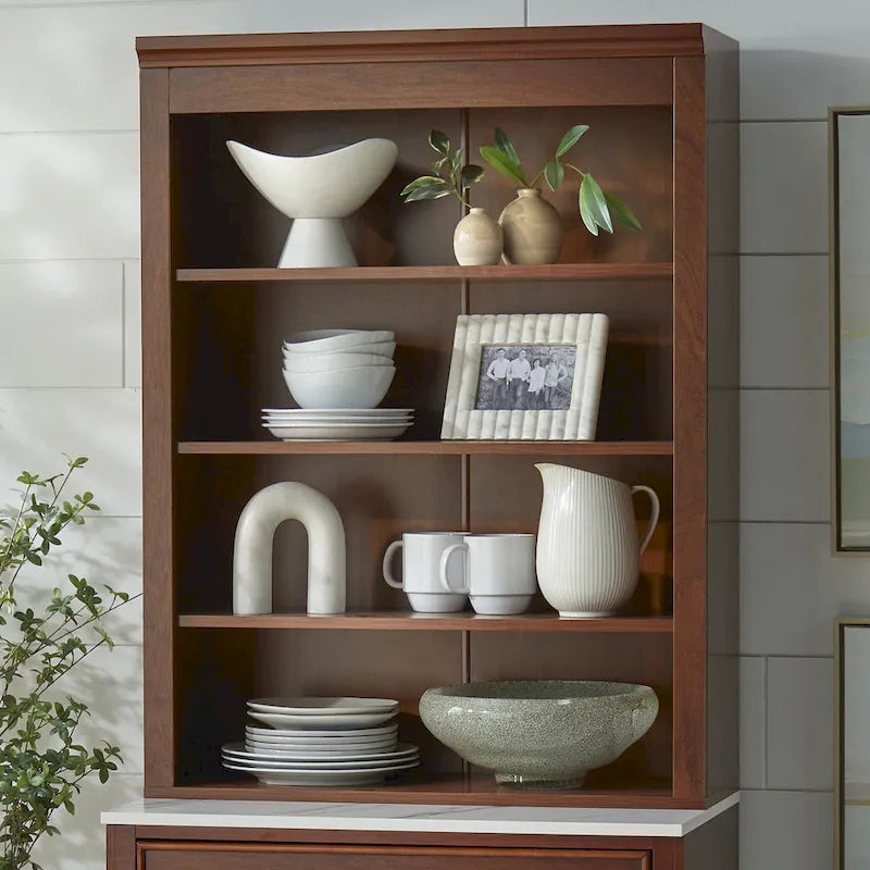 Buffet vaisselier 2 pièces style ferme moderne avec plateau en faux marbre et quincaillerie en laiton