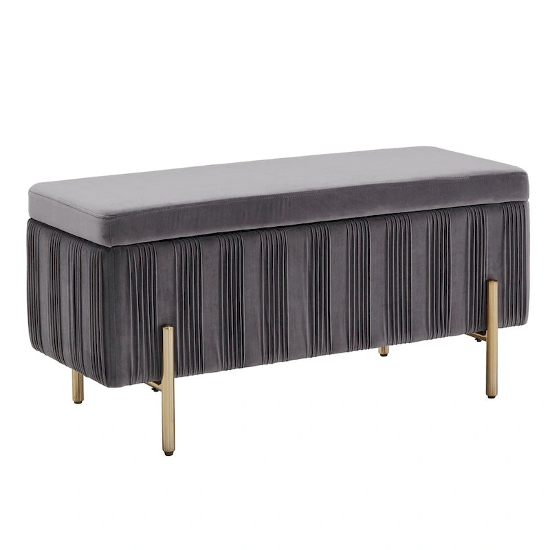 Banc de rangement gris en velours plissé avec couvercle relevable et pieds en métal doré
