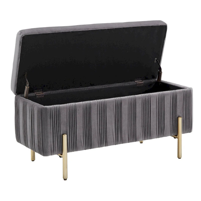 Banc de rangement gris en velours plissé avec couvercle relevable et pieds en métal doré