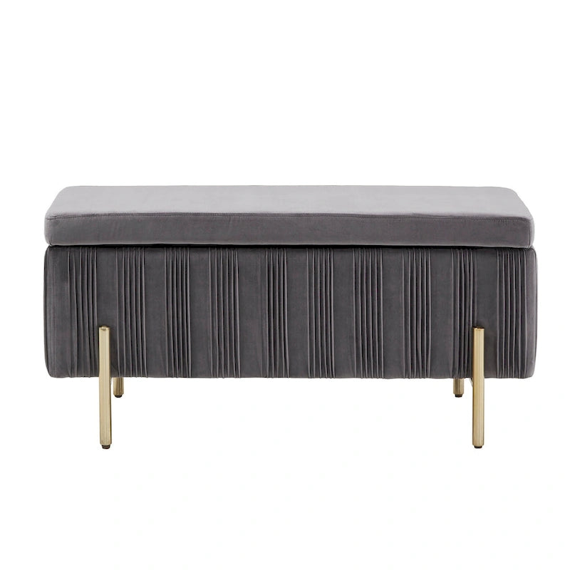 Banc de rangement gris en velours plissé avec couvercle relevable et pieds en métal doré