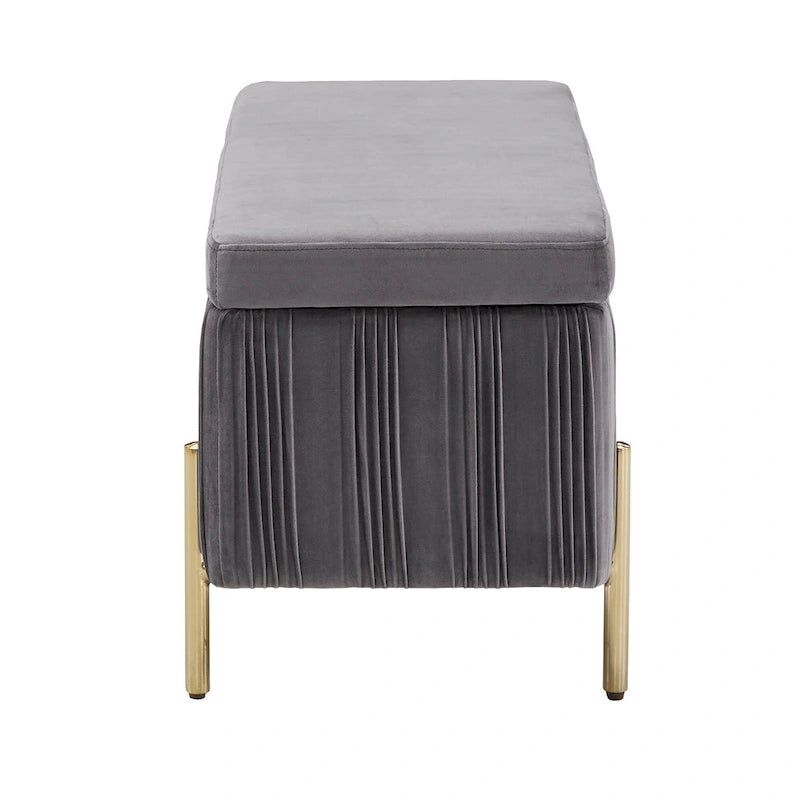 Banc de rangement gris en velours plissé avec couvercle relevable et pieds en métal doré