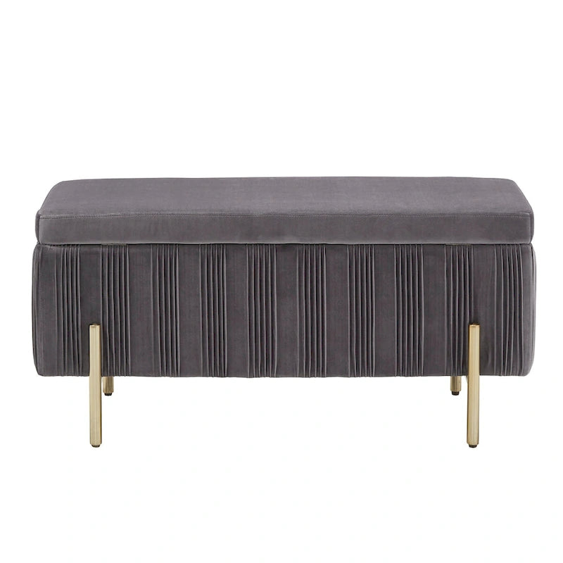 Banc de rangement gris en velours plissé avec couvercle relevable et pieds en métal doré