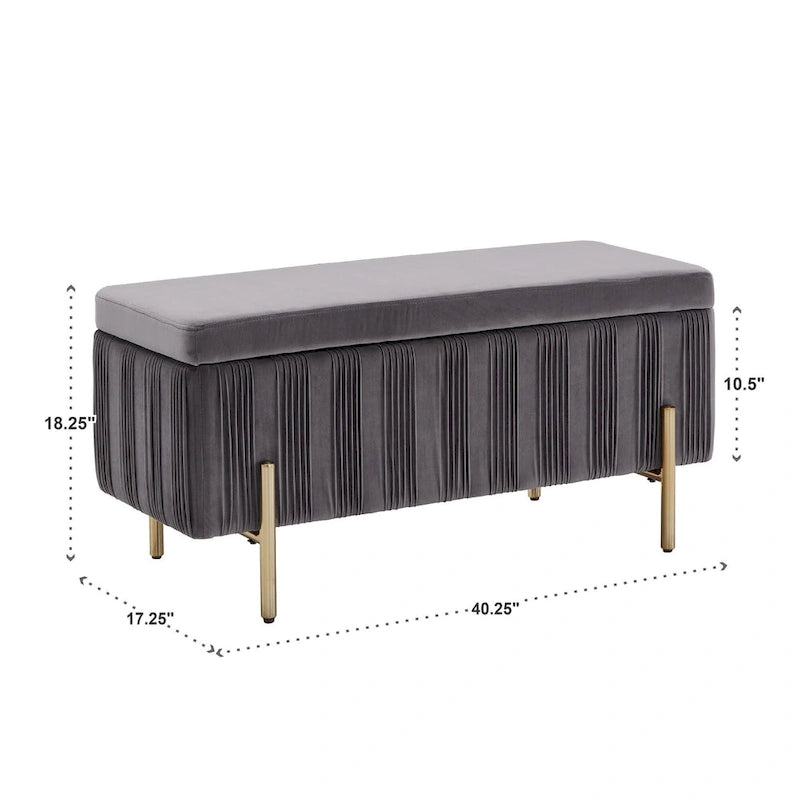 Banc de rangement gris en velours plissé avec couvercle relevable et pieds en métal doré