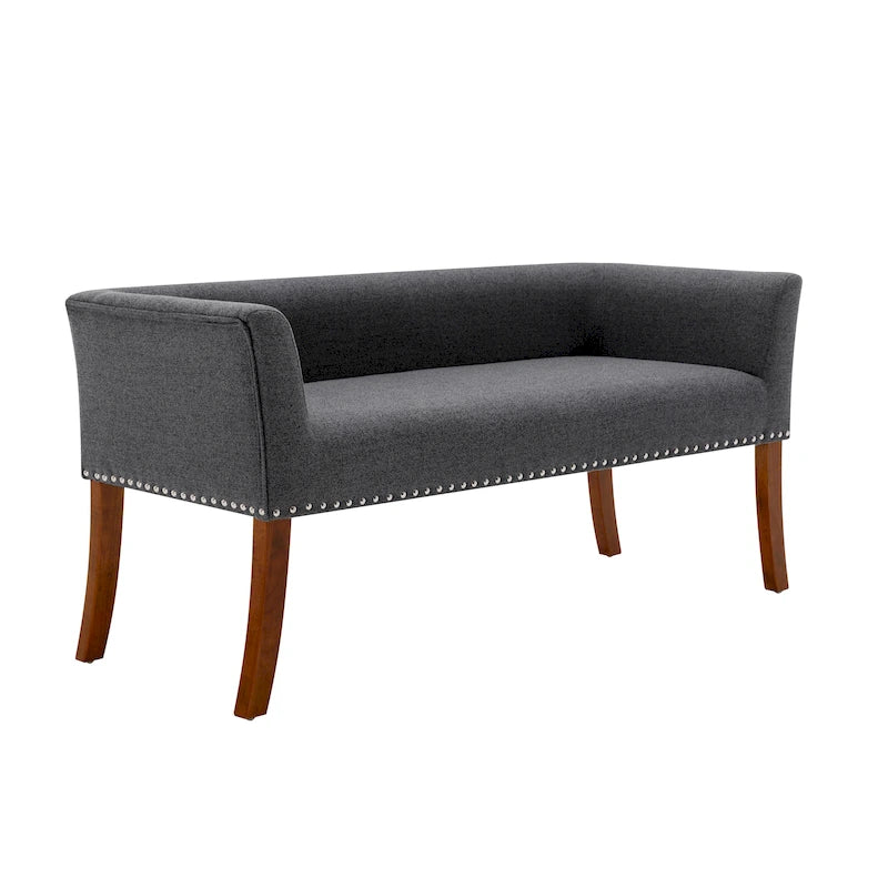 Banc rembourré en tissu avec garniture cloutée et pieds évasés en bois d'hévéa