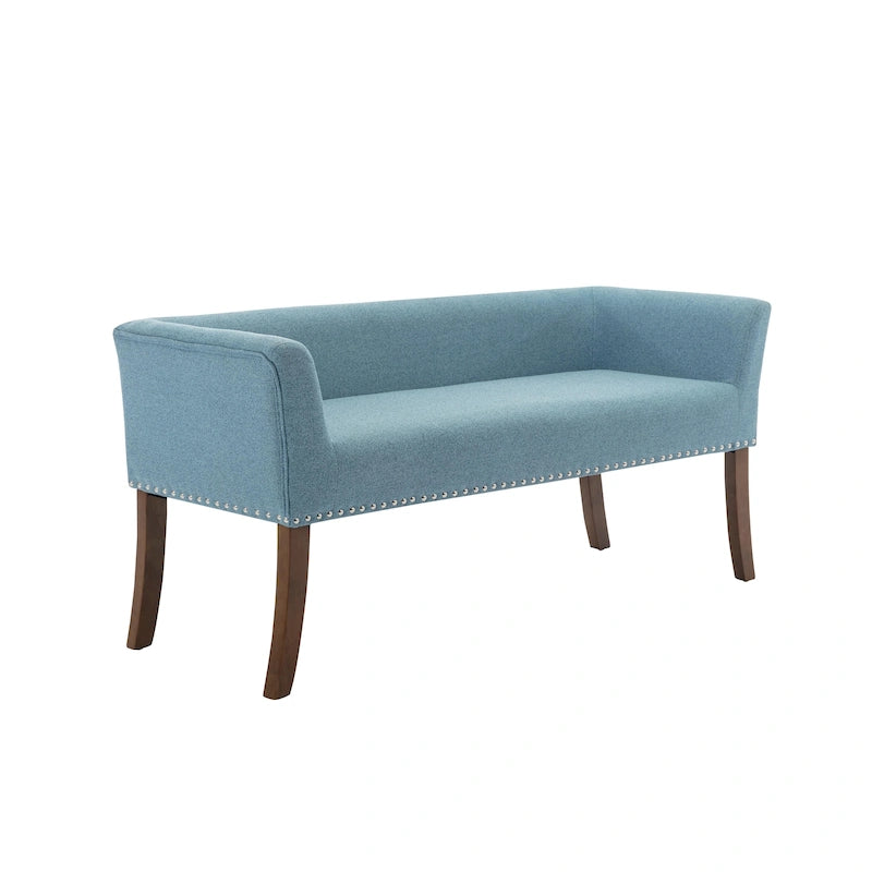 Banc rembourré en tissu avec garniture cloutée et pieds évasés en bois d'hévéa