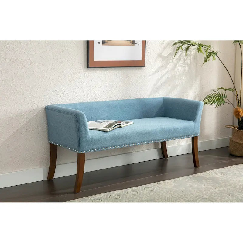 Banc rembourré en tissu avec garniture cloutée et pieds évasés en bois d'hévéa