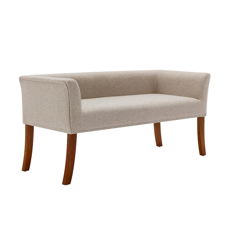 Banc rembourré en tissu avec garniture cloutée et pieds évasés en bois d'hévéa