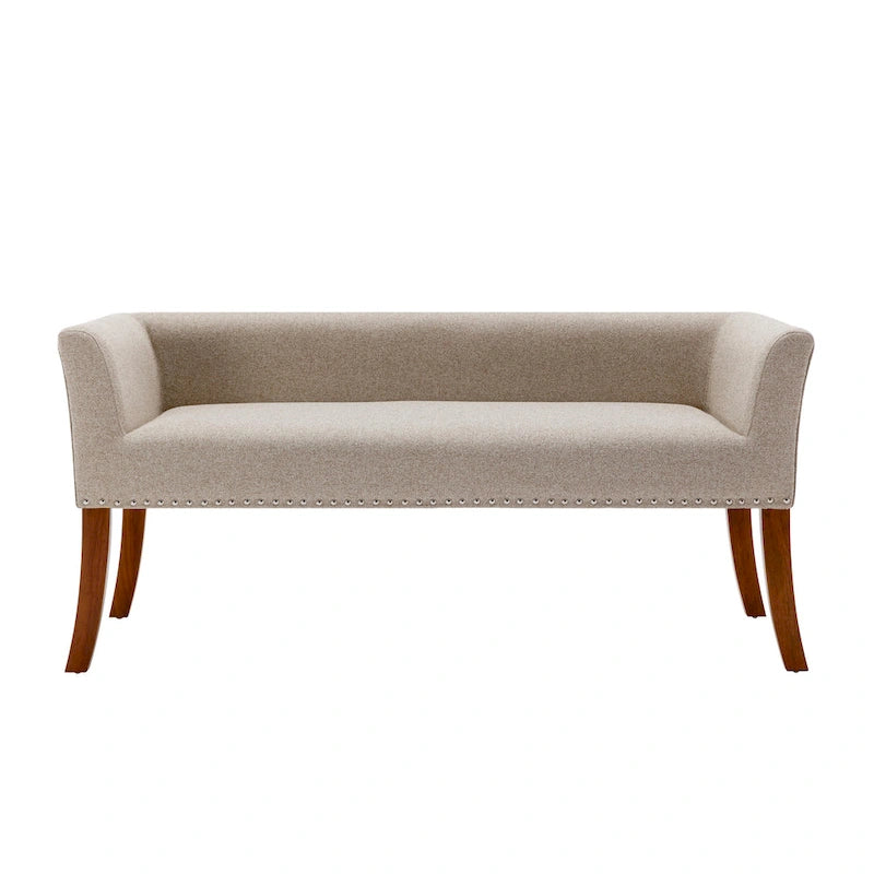 Banc rembourré en tissu avec garniture cloutée et pieds évasés en bois d'hévéa