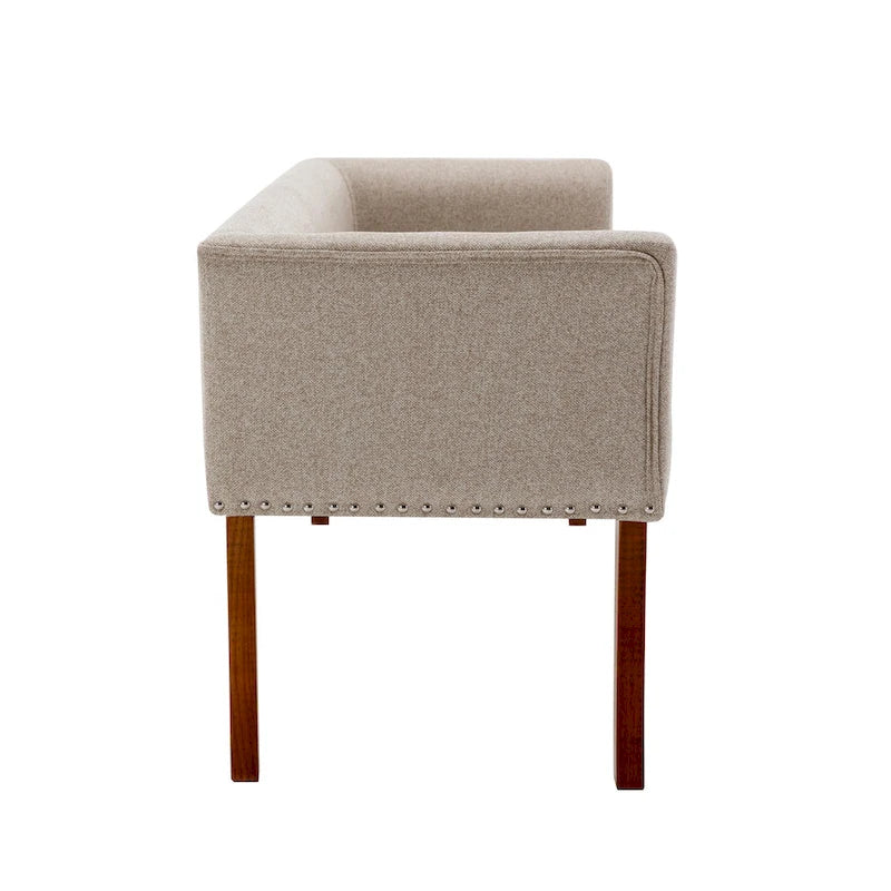 Banc rembourré en tissu avec garniture cloutée et pieds évasés en bois d'hévéa