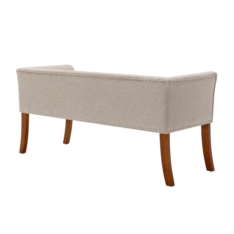 Banc rembourré en tissu avec garniture cloutée et pieds évasés en bois d'hévéa