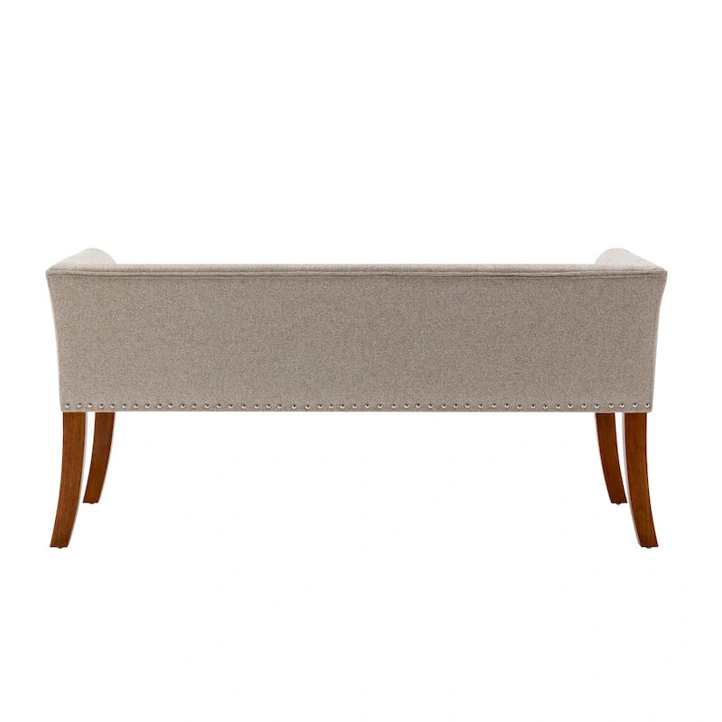 Banc rembourré en tissu avec garniture cloutée et pieds évasés en bois d'hévéa