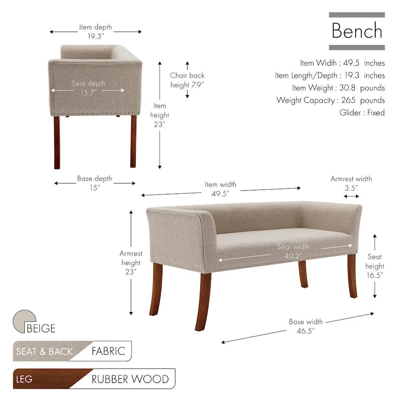 Banc rembourré en tissu avec garniture cloutée et pieds évasés en bois d'hévéa