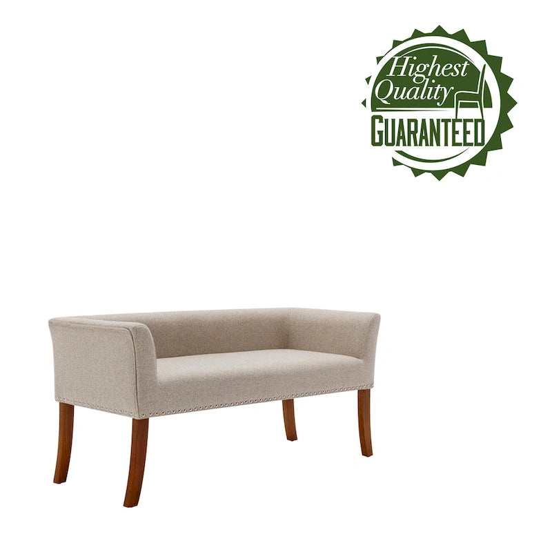 Banc rembourré en tissu avec garniture cloutée et pieds évasés en bois d'hévéa