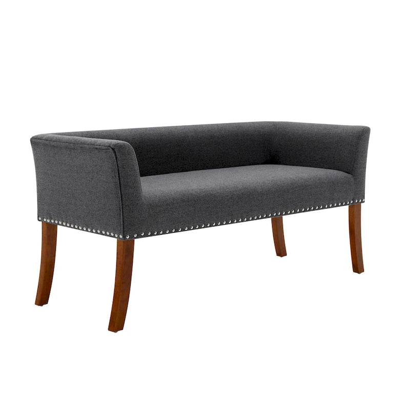 Banc rembourré en tissu avec garniture cloutée et pieds évasés en bois d'hévéa