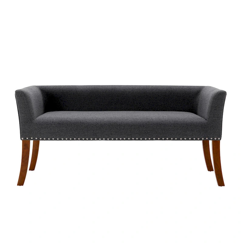 Banc rembourré en tissu avec garniture cloutée et pieds évasés en bois d'hévéa